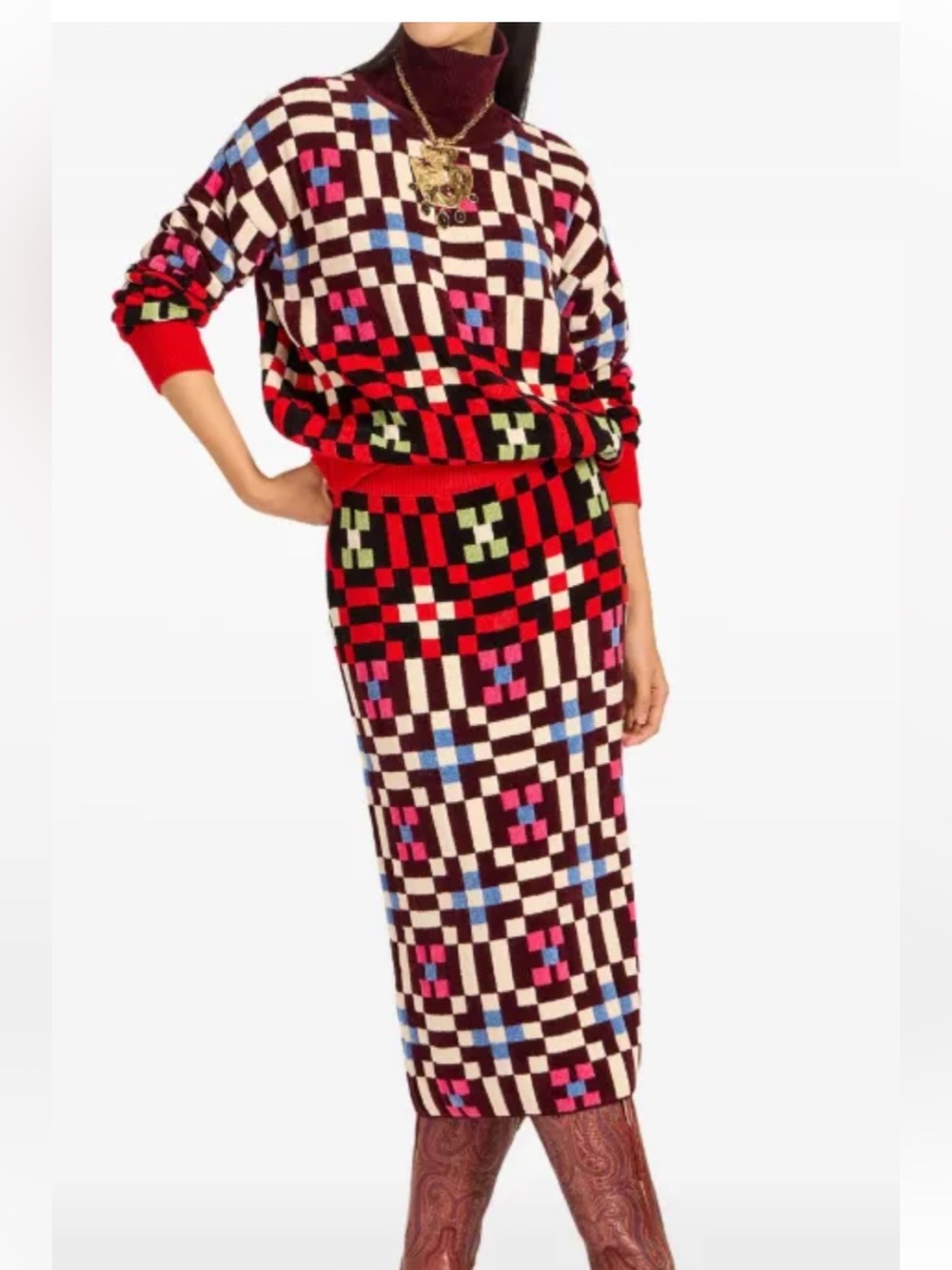 LA DoubleJ Checkerboard Knit Pencil Skirt